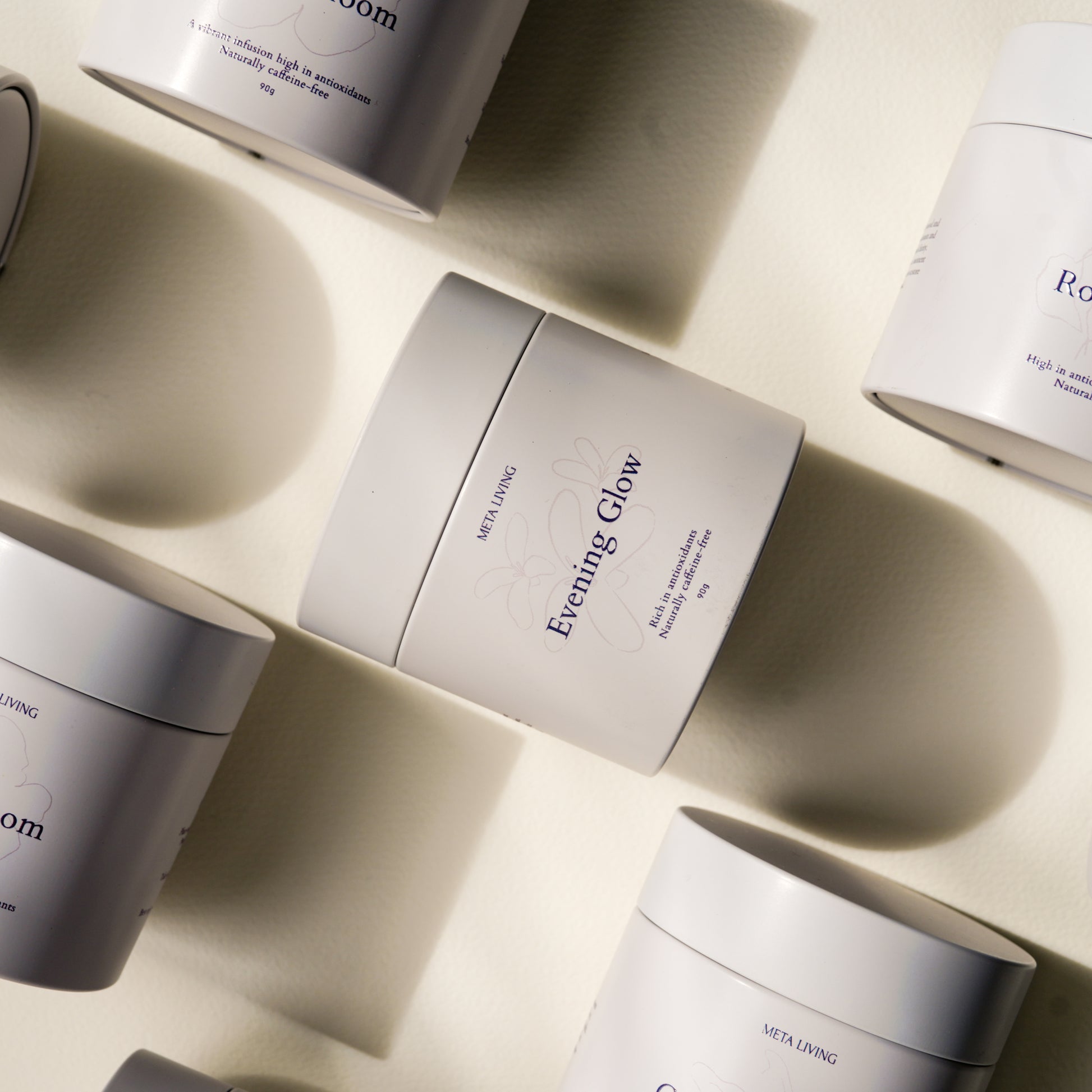 evening glow tin packaging close up shot. Rich in antioxidant and naturally caffeine free.