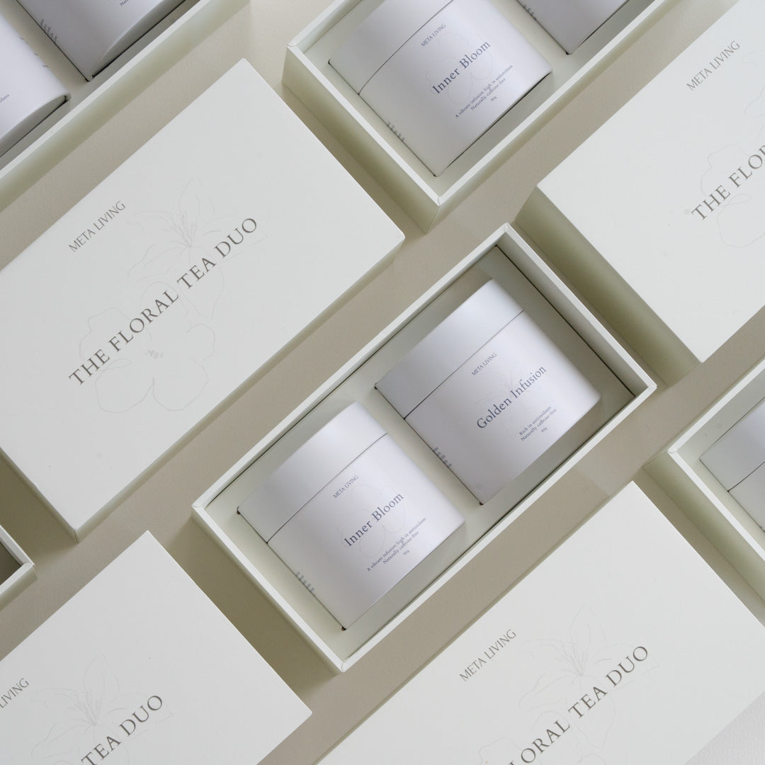 The Floral Tea Duo Set packaging close up showing the tin in gift packaging. 